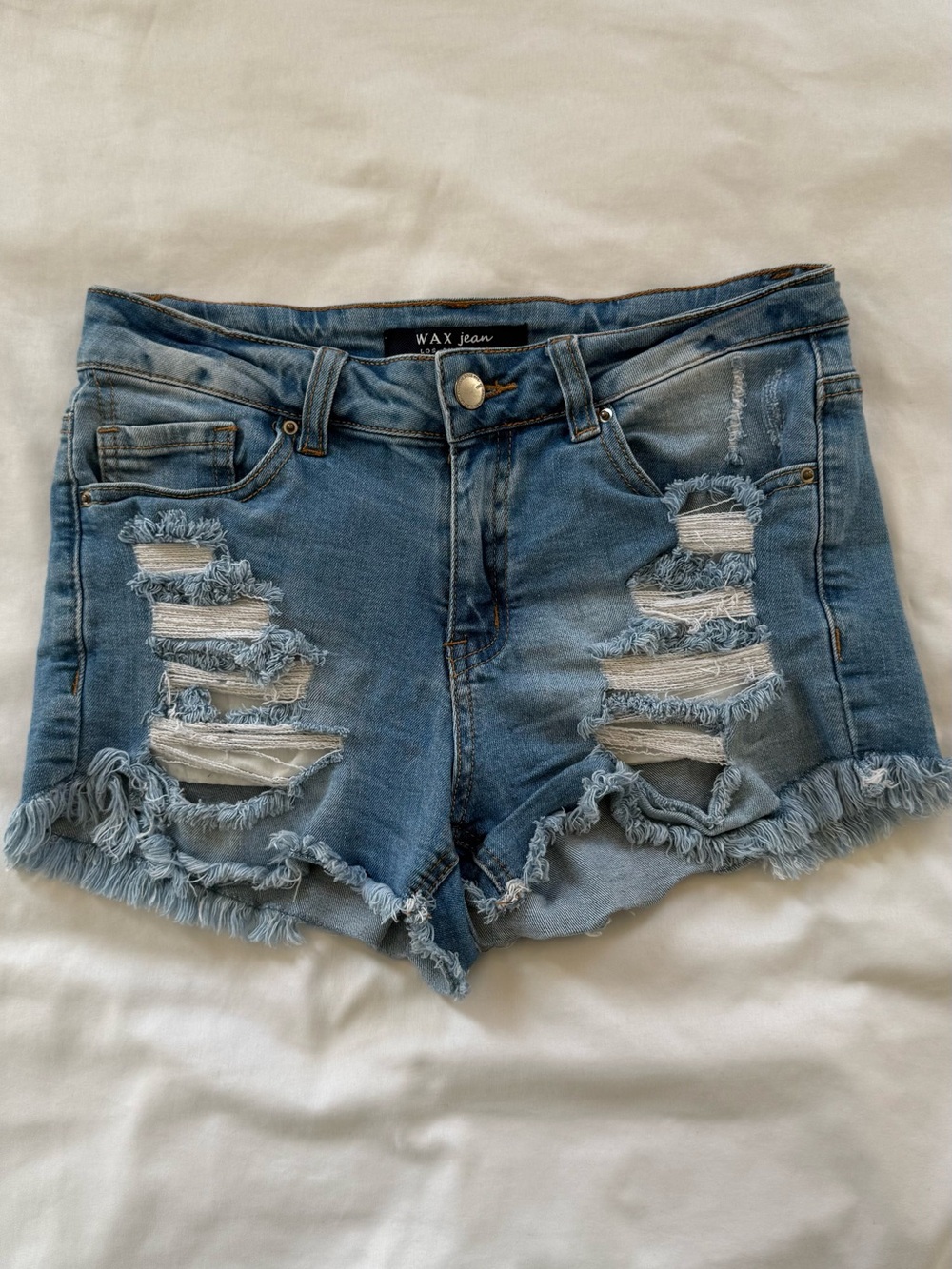 Wax Jean | Women's Light Blue Distressed Denim Shorts | Size SMALL